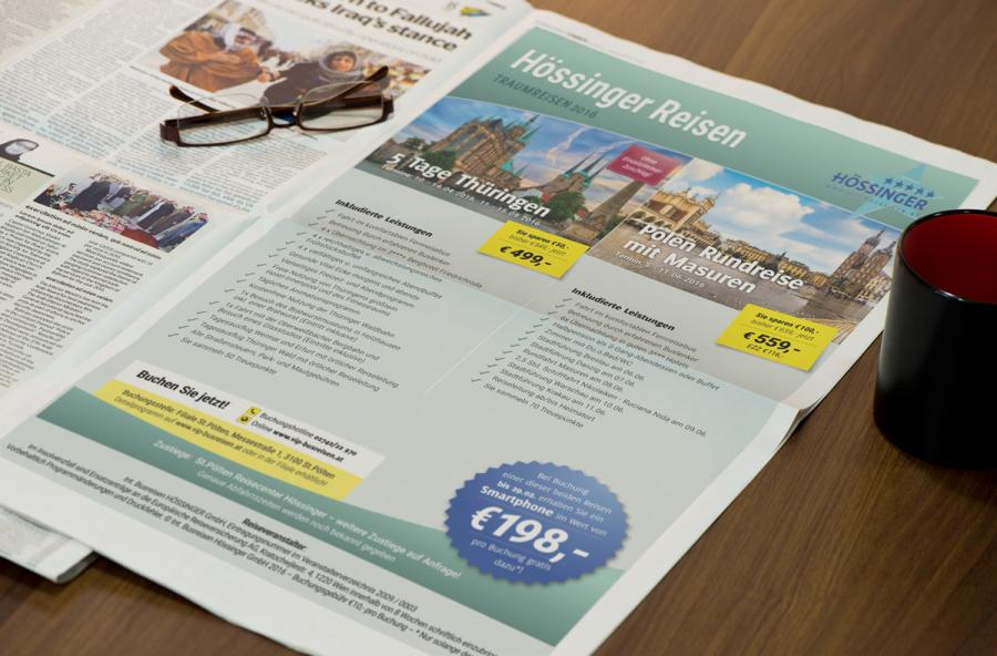 Design-Konzept, Schriftkonzept und Formensprache Inserat Busreisen Hössinger GmbH